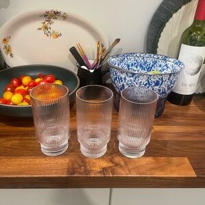Set of 3 Tall Ribbed Collins / Highball Drinking Glasses Retro Barware Tumblers